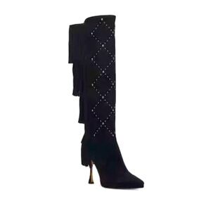 Vince Camuto Black Heeled Boots with Fringe and Studs